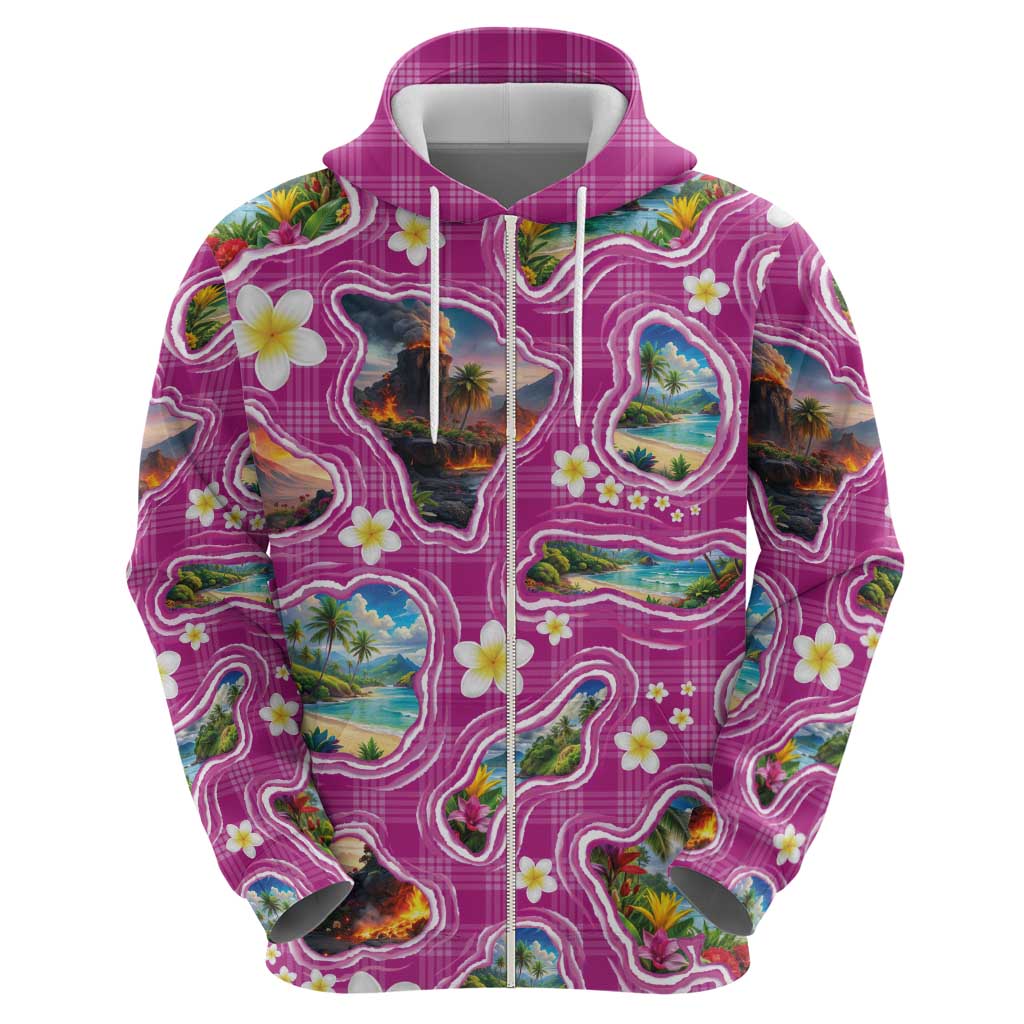Hawaiian Island Shapes-Iconic Landscape Zip Hoodie with Plumeria and Palaka Pink Color