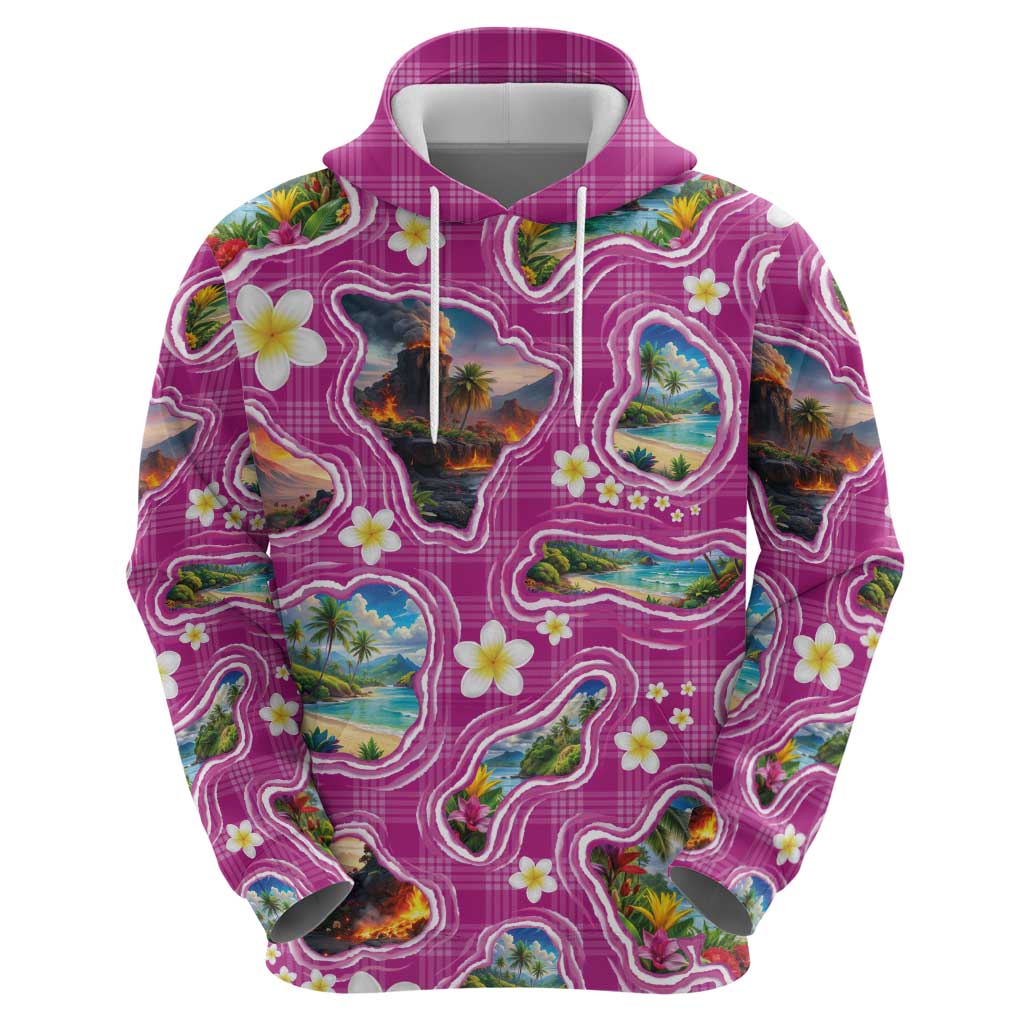 Hawaiian Island Shapes-Iconic Landscape Zip Hoodie with Plumeria and Palaka Pink Color