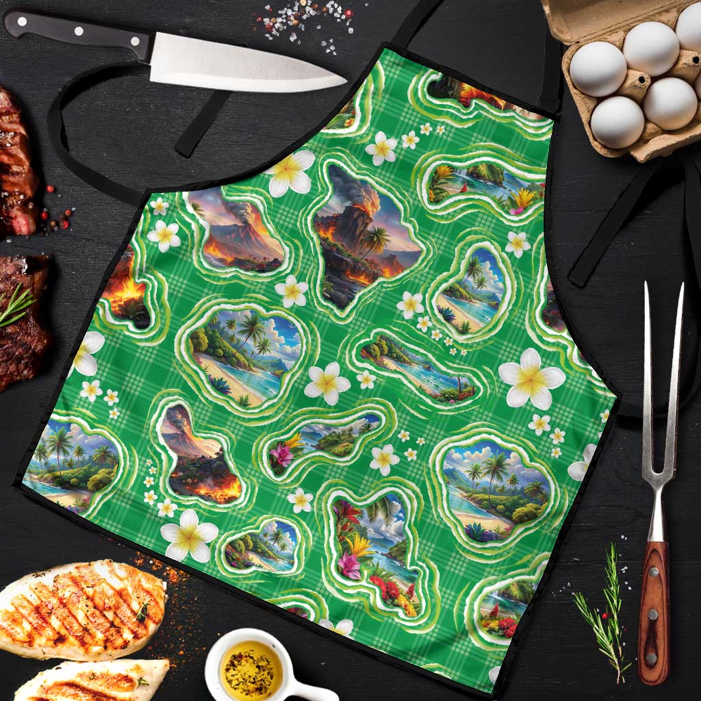 Hawaii Map with Plumeria Flower and Palaka Pattern Apron Tropical Island Green Design