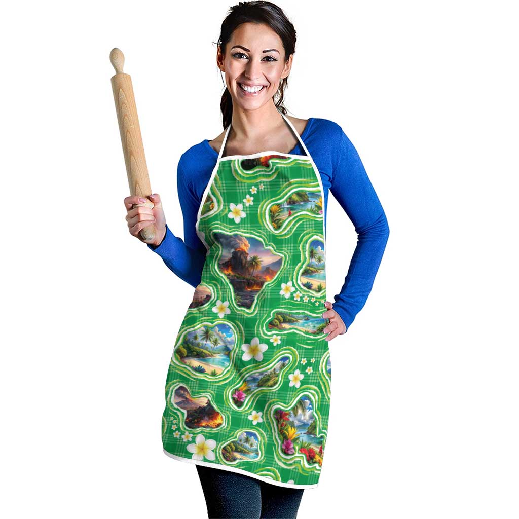 Hawaii Map with Plumeria Flower and Palaka Pattern Apron Tropical Island Green Design