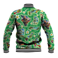 Hawaii Map with Plumeria Flower and Palaka Pattern Baseball Jacket Tropical Island Green Design