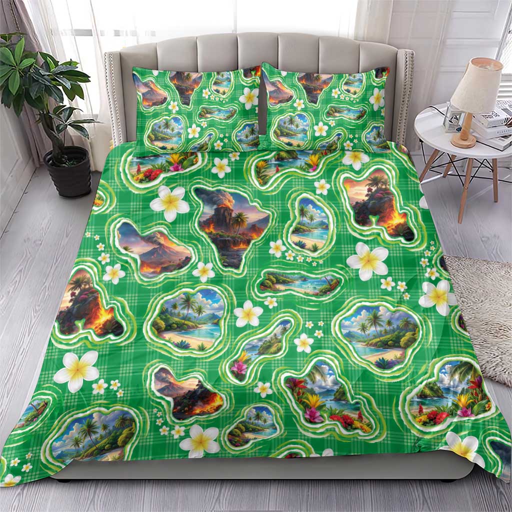 Hawaii Map with Plumeria Flower and Palaka Pattern Bedding Set Tropical Island Green Design