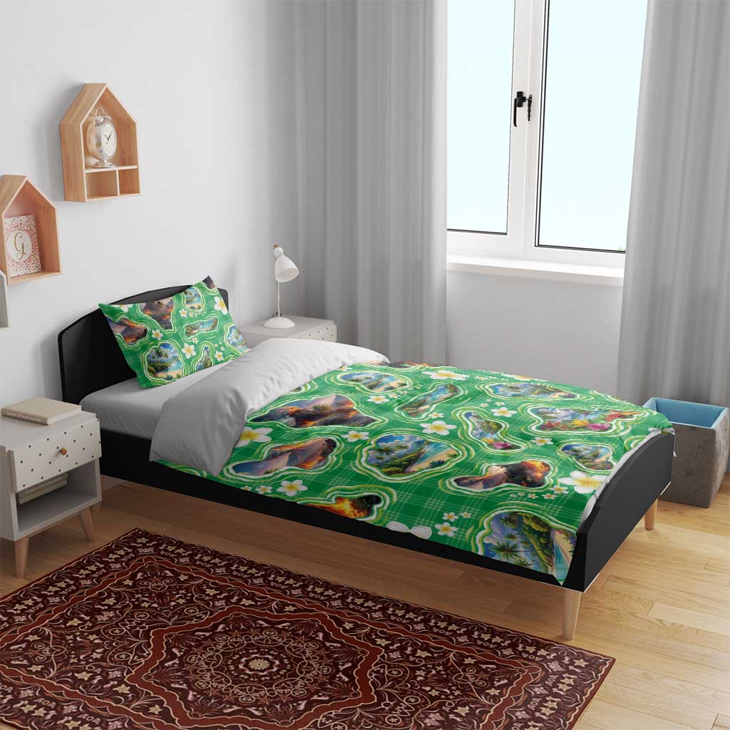 Hawaii Map with Plumeria Flower and Palaka Pattern Bedding Set Tropical Island Green Design
