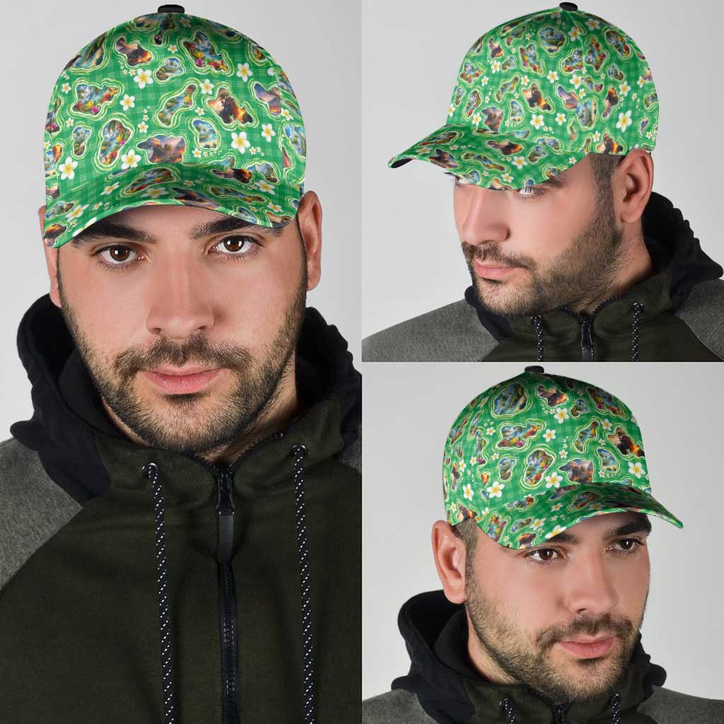 Hawaii Map with Plumeria Flower and Palaka Pattern Classic Cap Tropical Island Green Design LT03 - Polynesian Pride
