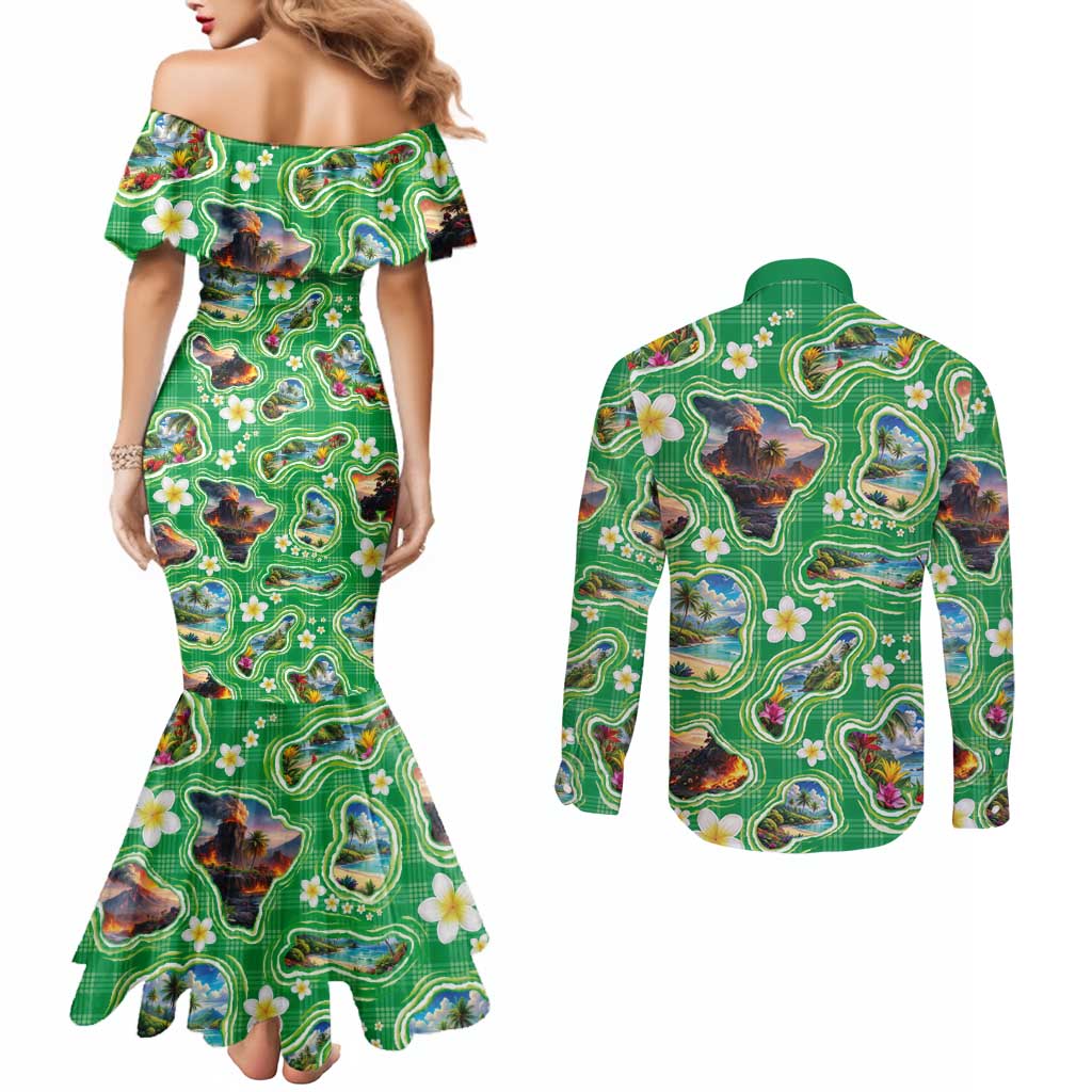 Hawaii Map with Plumeria Flower and Palaka Pattern Couples Matching Mermaid Dress and Long Sleeve Button Shirt Tropical Island Green Design