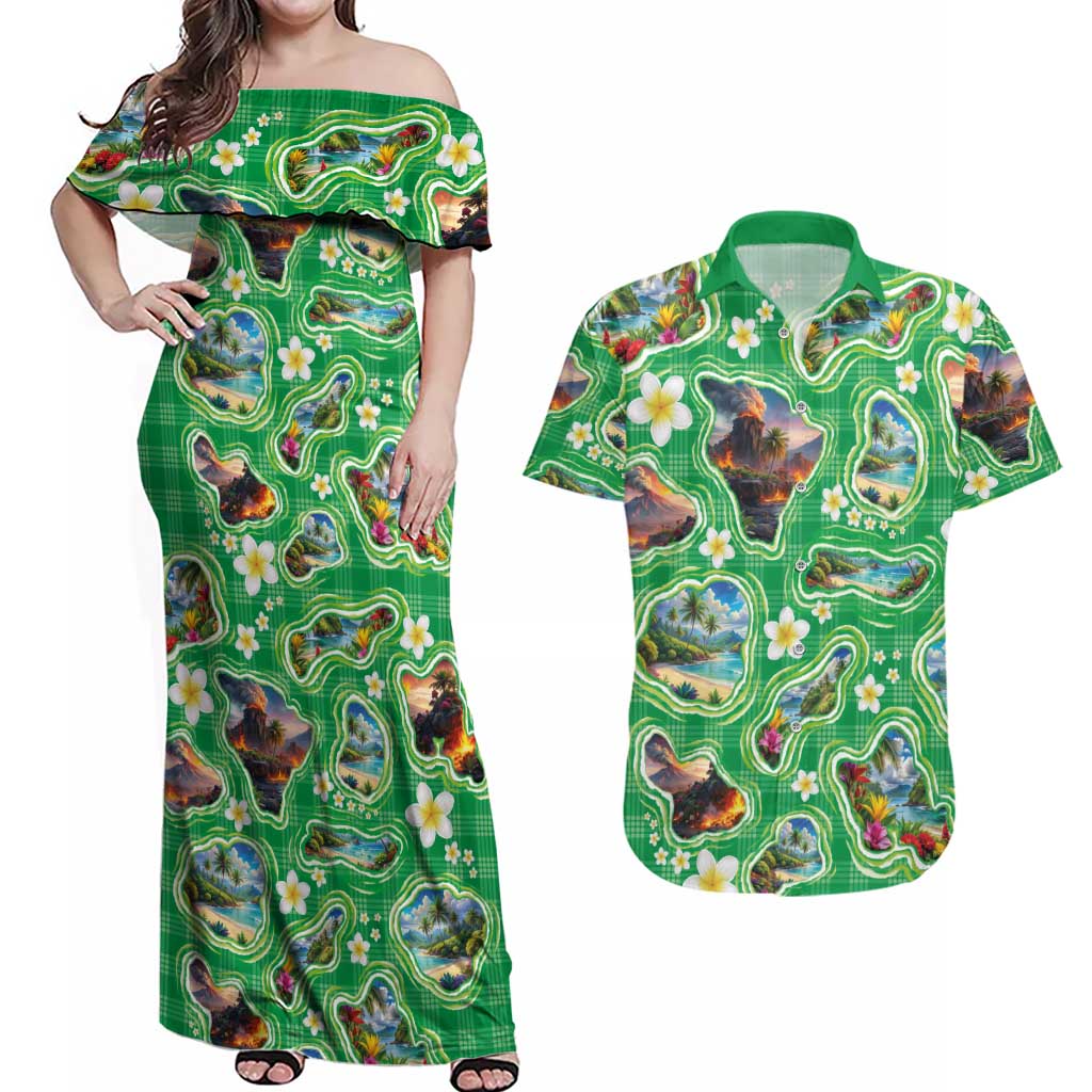 Hawaii Map with Plumeria Flower and Palaka Pattern Couples Matching Off Shoulder Maxi Dress and Hawaiian Shirt Tropical Island Green Design LT03 Green - Polynesian Pride
