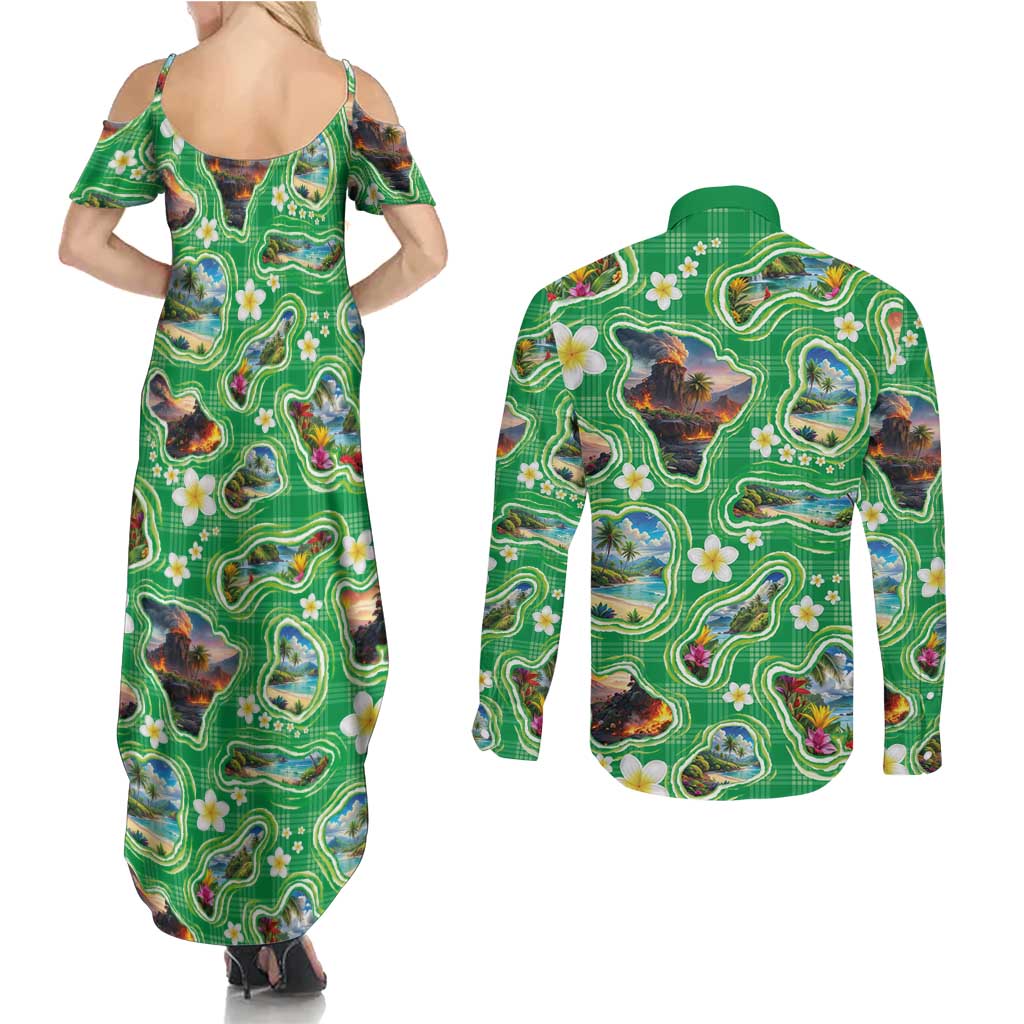 Hawaii Map with Plumeria Flower and Palaka Pattern Couples Matching Summer Maxi Dress and Long Sleeve Button Shirt Tropical Island Green Design