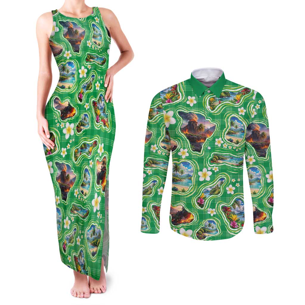 Hawaii Map with Plumeria Flower and Palaka Pattern Couples Matching Tank Maxi Dress and Long Sleeve Button Shirt Tropical Island Green Design