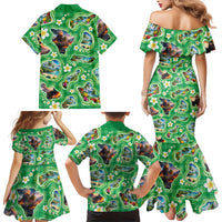 Hawaii Map with Plumeria Flower and Palaka Pattern Family Matching Mermaid Dress and Hawaiian Shirt Tropical Island Green Design