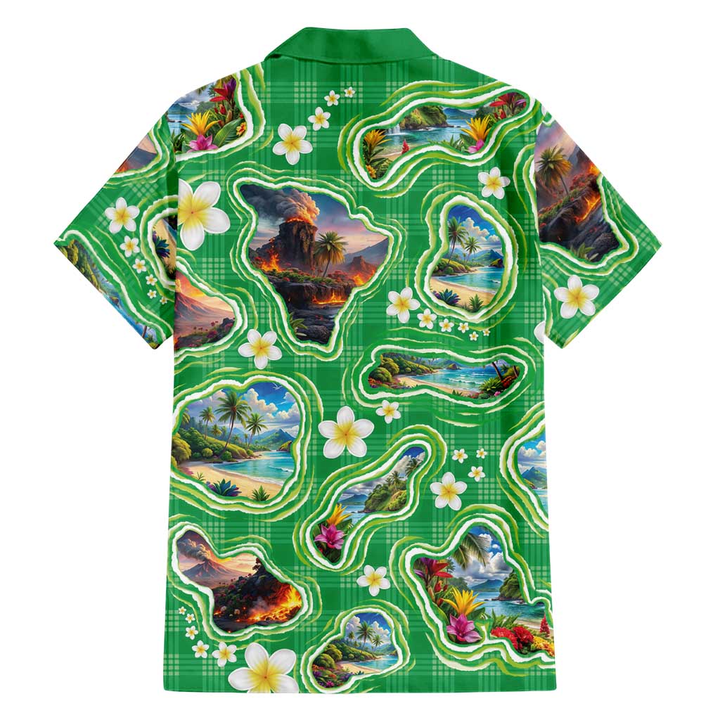 Hawaii Map with Plumeria Flower and Palaka Pattern Family Matching Mermaid Dress and Hawaiian Shirt Tropical Island Green Design