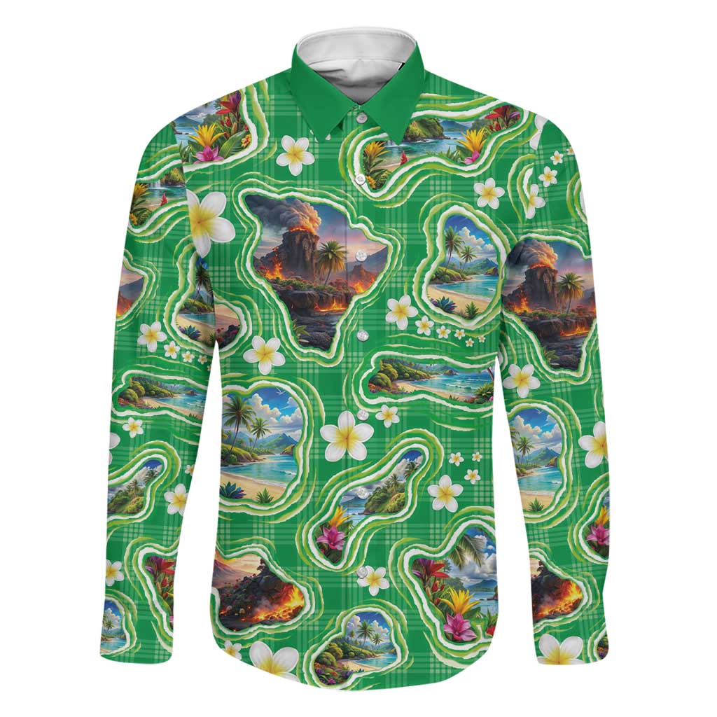 Hawaii Map with Plumeria Flower and Palaka Pattern Family Matching Mermaid Dress and Hawaiian Shirt Tropical Island Green Design