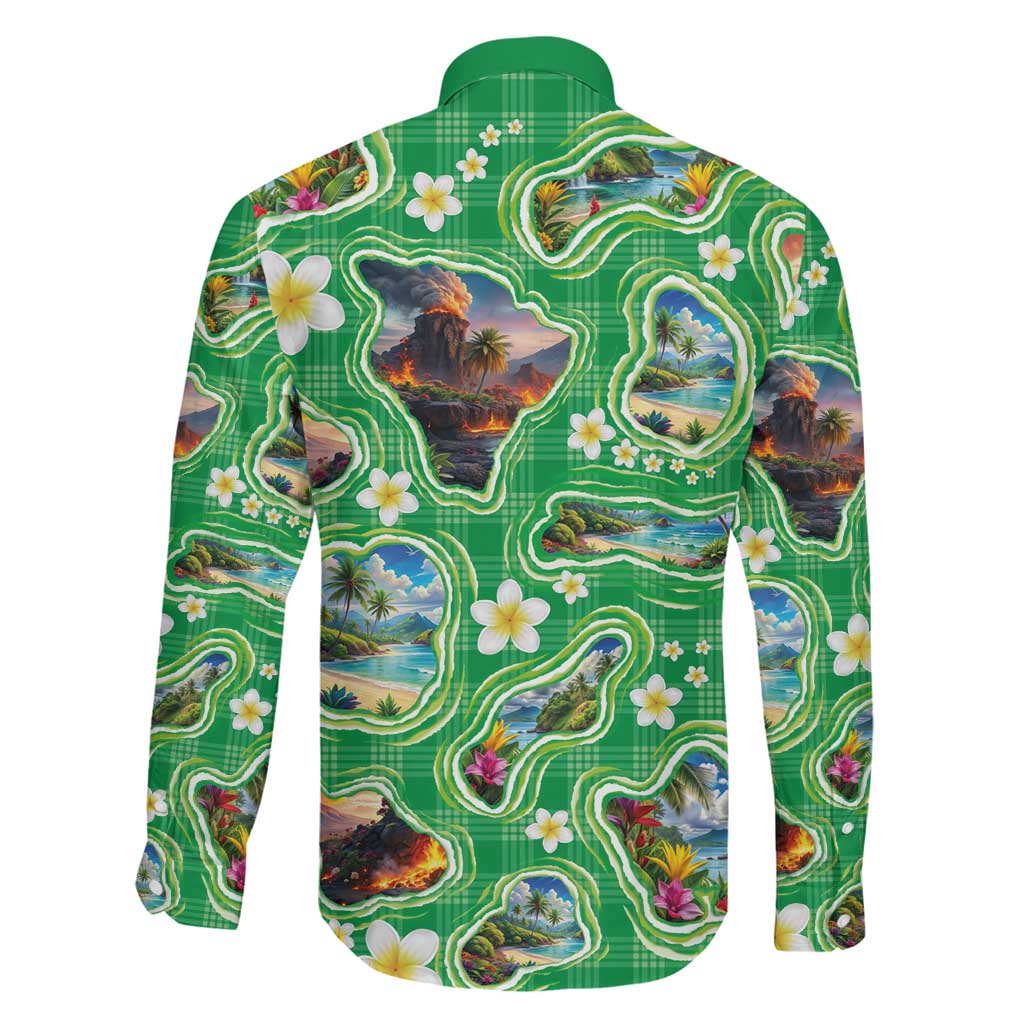 Hawaii Map with Plumeria Flower and Palaka Pattern Family Matching Mermaid Dress and Hawaiian Shirt Tropical Island Green Design