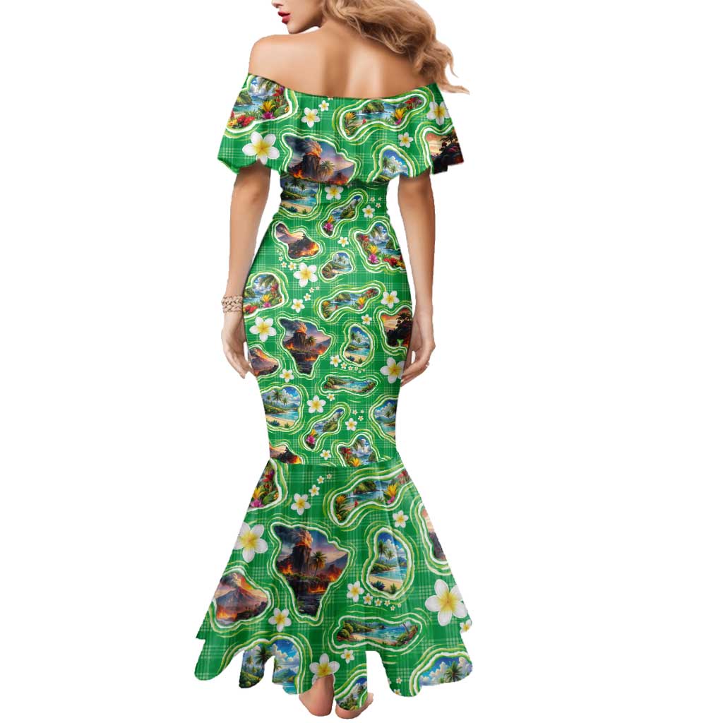 Hawaii Map with Plumeria Flower and Palaka Pattern Family Matching Mermaid Dress and Hawaiian Shirt Tropical Island Green Design