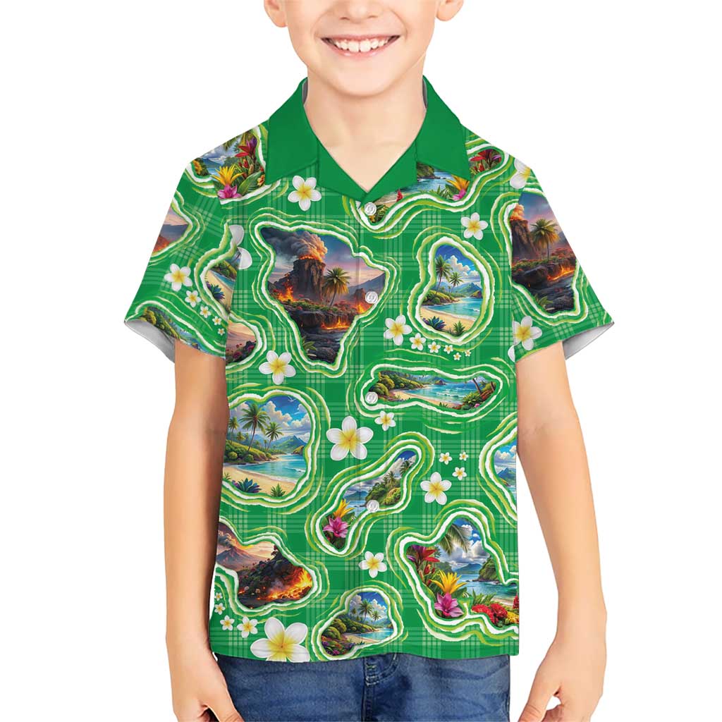 Hawaii Map with Plumeria Flower and Palaka Pattern Family Matching Mermaid Dress and Hawaiian Shirt Tropical Island Green Design