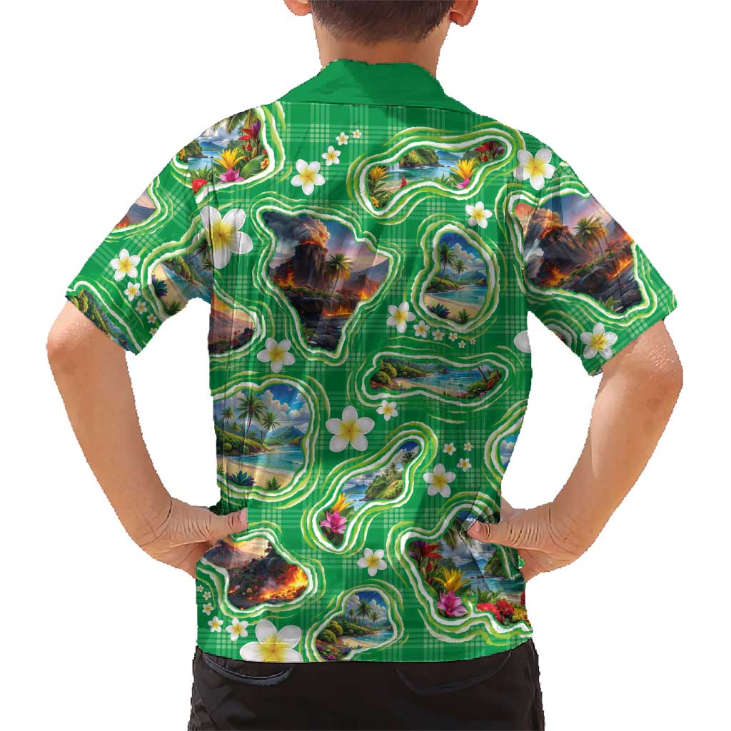 Hawaii Map with Plumeria Flower and Palaka Pattern Family Matching Off The Shoulder Long Sleeve Dress and Hawaiian Shirt Tropical Island Green Design