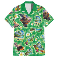 Hawaii Map with Plumeria Flower and Palaka Pattern Family Matching Off The Shoulder Long Sleeve Dress and Hawaiian Shirt Tropical Island Green Design