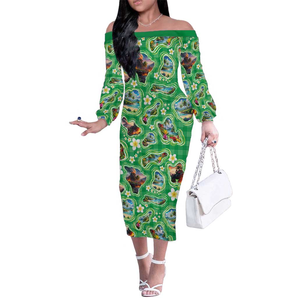 Hawaii Map with Plumeria Flower and Palaka Pattern Family Matching Off The Shoulder Long Sleeve Dress and Hawaiian Shirt Tropical Island Green Design