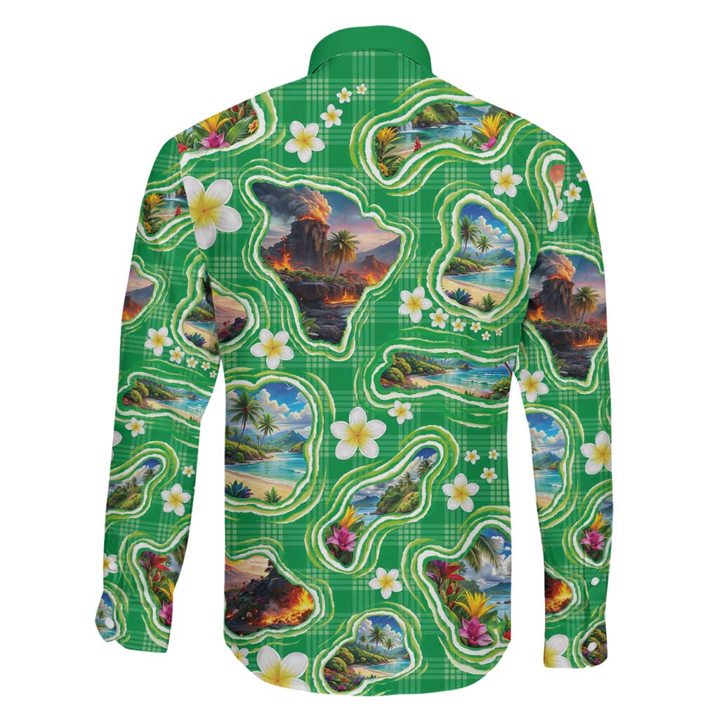 Hawaii Map with Plumeria Flower and Palaka Pattern Family Matching Off Shoulder Maxi Dress and Hawaiian Shirt Tropical Island Green Design