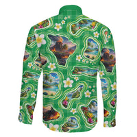 Hawaii Map with Plumeria Flower and Palaka Pattern Family Matching Off Shoulder Maxi Dress and Hawaiian Shirt Tropical Island Green Design