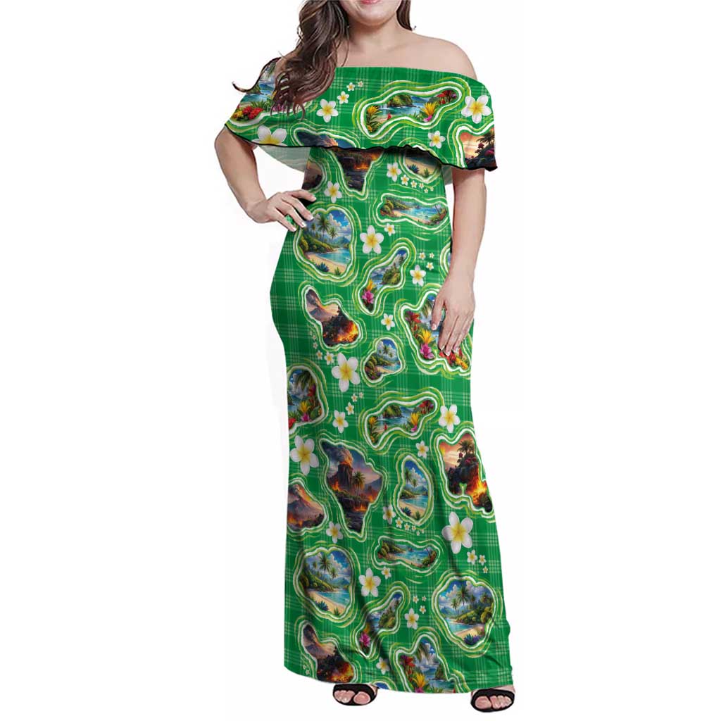Hawaii Map with Plumeria Flower and Palaka Pattern Family Matching Off Shoulder Maxi Dress and Hawaiian Shirt Tropical Island Green Design