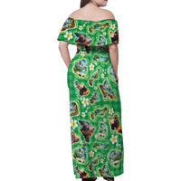 Hawaii Map with Plumeria Flower and Palaka Pattern Family Matching Off Shoulder Maxi Dress and Hawaiian Shirt Tropical Island Green Design