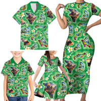 Hawaii Map with Plumeria Flower and Palaka Pattern Family Matching Short Sleeve Bodycon Dress and Hawaiian Shirt Tropical Island Green Design
