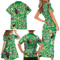 Hawaii Map with Plumeria Flower and Palaka Pattern Family Matching Short Sleeve Bodycon Dress and Hawaiian Shirt Tropical Island Green Design
