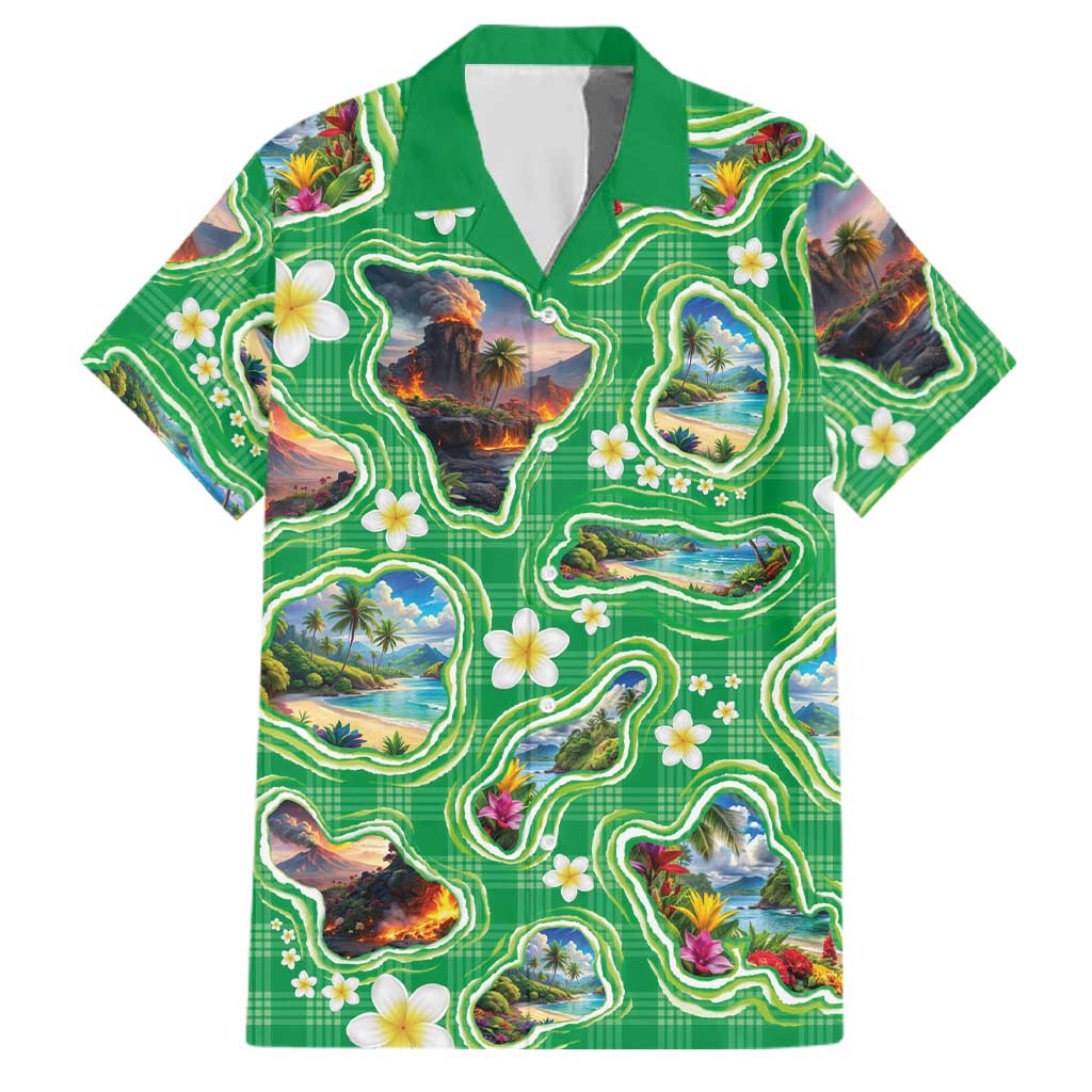 Hawaii Map with Plumeria Flower and Palaka Pattern Family Matching Short Sleeve Bodycon Dress and Hawaiian Shirt Tropical Island Green Design