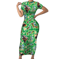 Hawaii Map with Plumeria Flower and Palaka Pattern Family Matching Short Sleeve Bodycon Dress and Hawaiian Shirt Tropical Island Green Design