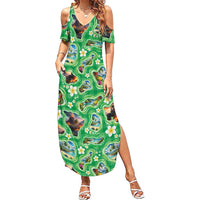 Hawaii Map with Plumeria Flower and Palaka Pattern Family Matching Summer Maxi Dress and Hawaiian Shirt Tropical Island Green Design LT03 Mom's Dress Green - Polynesian Pride