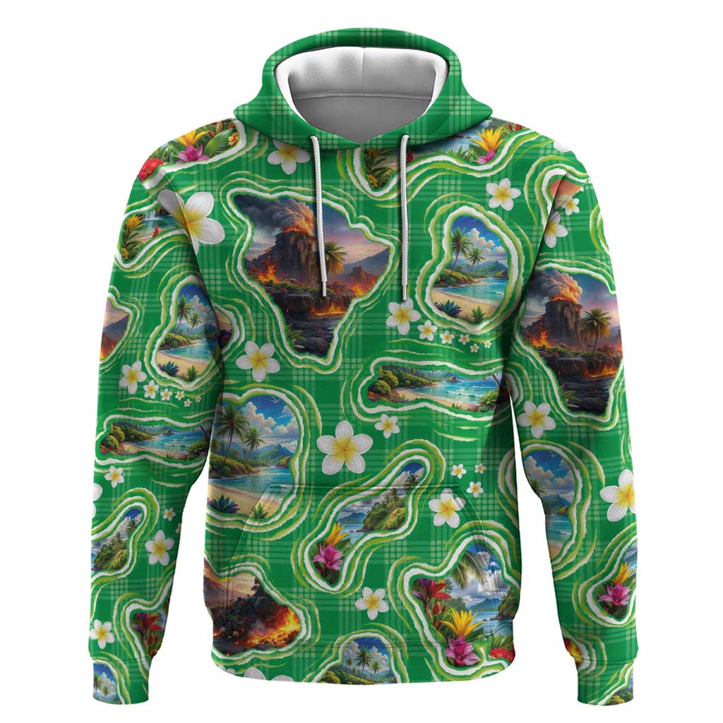 Hawaii Map with Plumeria Flower and Palaka Pattern Hoodie Tropical Island Green Design
