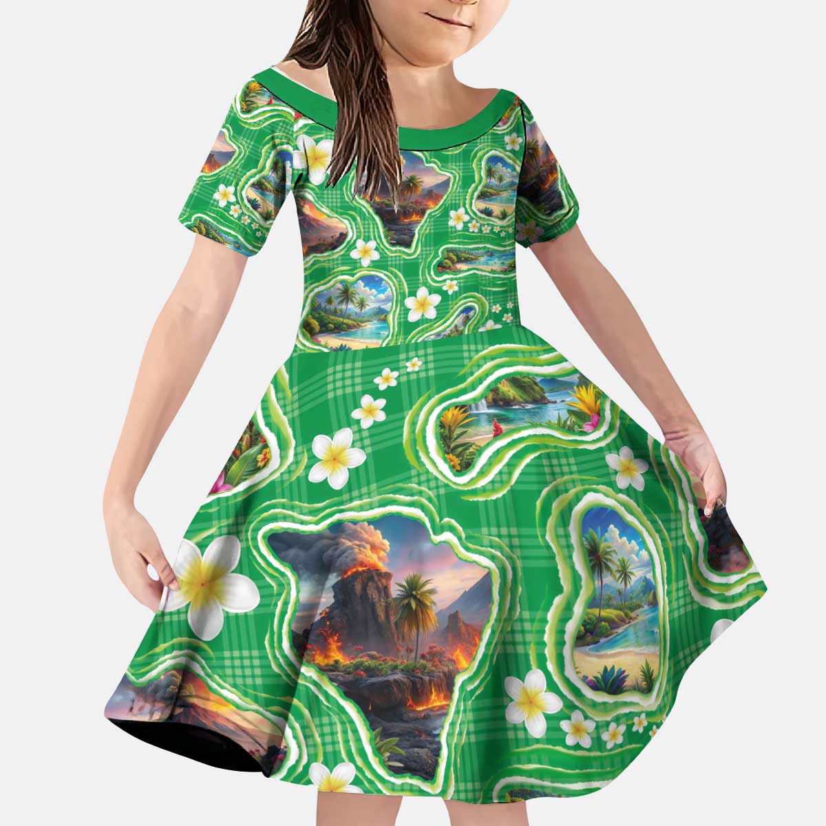 Hawaii Map with Plumeria Flower and Palaka Pattern Kid Short Sleeve Dress Tropical Island Green Design