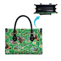 Hawaii Map with Plumeria Flower and Palaka Pattern Leather Bag Tropical Island Green Design LT03 - Polynesian Pride