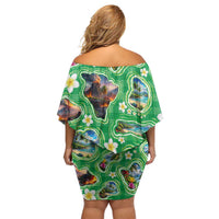 Hawaii Map with Plumeria Flower and Palaka Pattern Off Shoulder Short Dress Tropical Island Green Design LT03 - Polynesian Pride