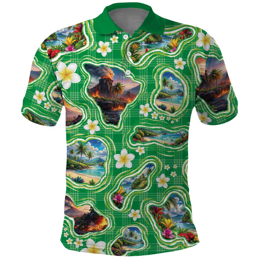 Hawaii Map with Plumeria Flower and Palaka Pattern Polo Shirt Tropical Island Green Design