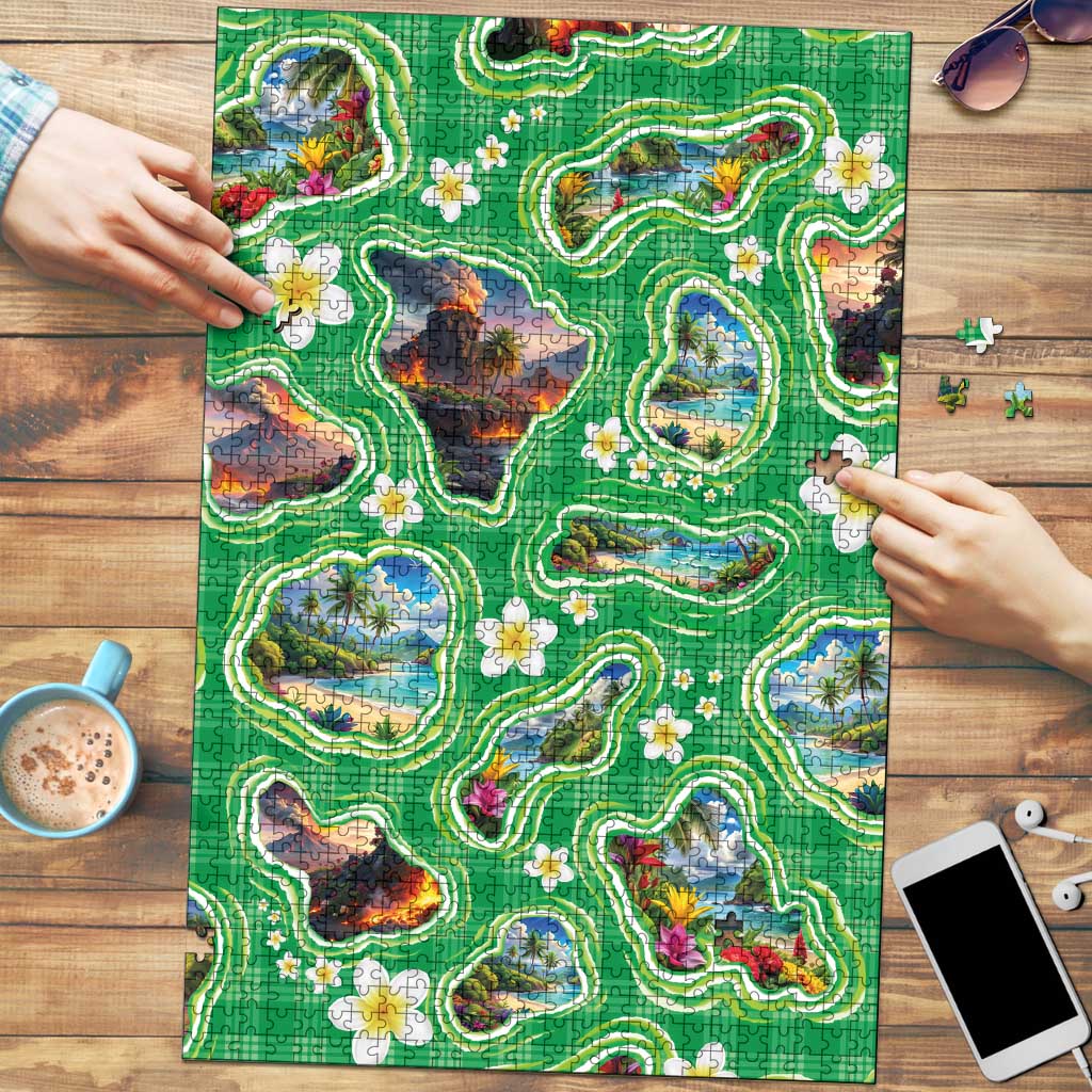 Hawaii Map with Plumeria Flower and Palaka Pattern Puzzle Tropical Island Green Design