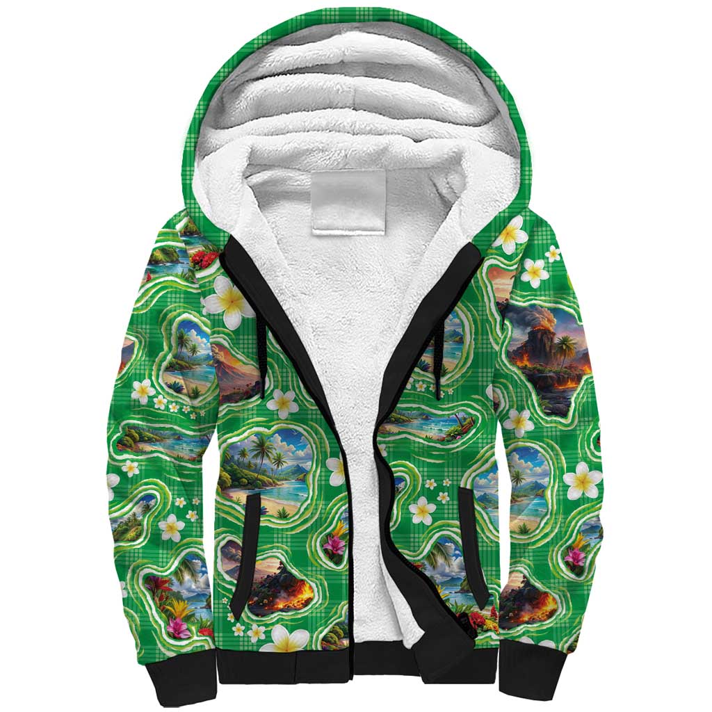 Hawaii Map with Plumeria Flower and Palaka Pattern Sherpa Hoodie Tropical Island Green Design