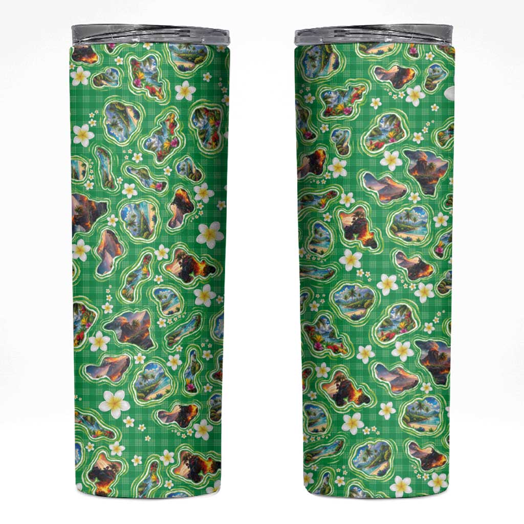 Hawaii Map with Plumeria Flower and Palaka Pattern Skinny Tumbler Tropical Island Green Design