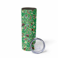 Hawaii Map with Plumeria Flower and Palaka Pattern Skinny Tumbler Tropical Island Green Design