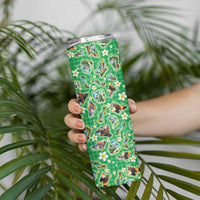 Hawaii Map with Plumeria Flower and Palaka Pattern Skinny Tumbler Tropical Island Green Design