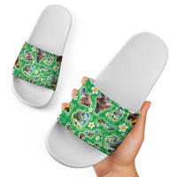 Hawaii Map with Plumeria Flower and Palaka Pattern Slide Sandals Tropical Island Green Design LT03 - Polynesian Pride