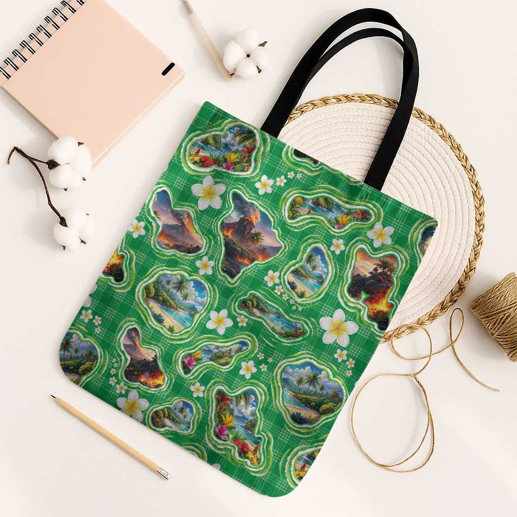 Hawaii Map with Plumeria Flower and Palaka Pattern Tote Bag Tropical Island Green Design