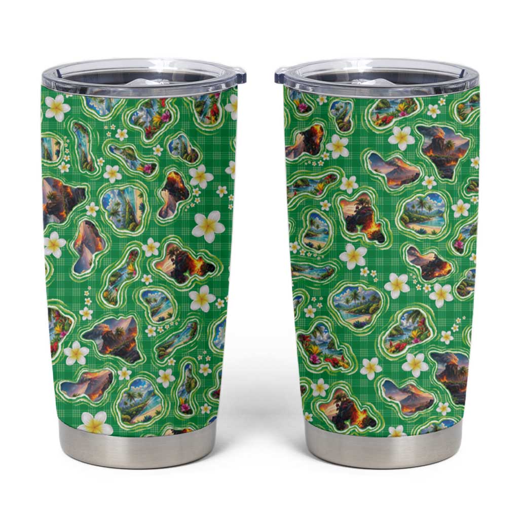 Hawaii Map with Plumeria Flower and Palaka Pattern Tumbler Cup Tropical Island Green Design