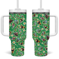 Hawaii Map with Plumeria Flower and Palaka Pattern Tumbler With Handle Tropical Island Green Design LT03 One Size: 40 oz Green - Polynesian Pride