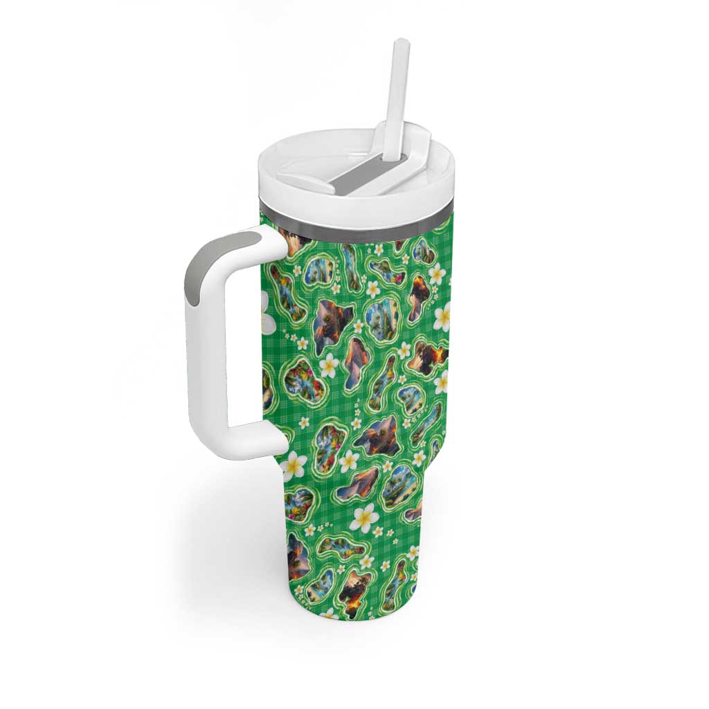 Hawaii Map with Plumeria Flower and Palaka Pattern Tumbler With Handle Tropical Island Green Design LT03 - Polynesian Pride