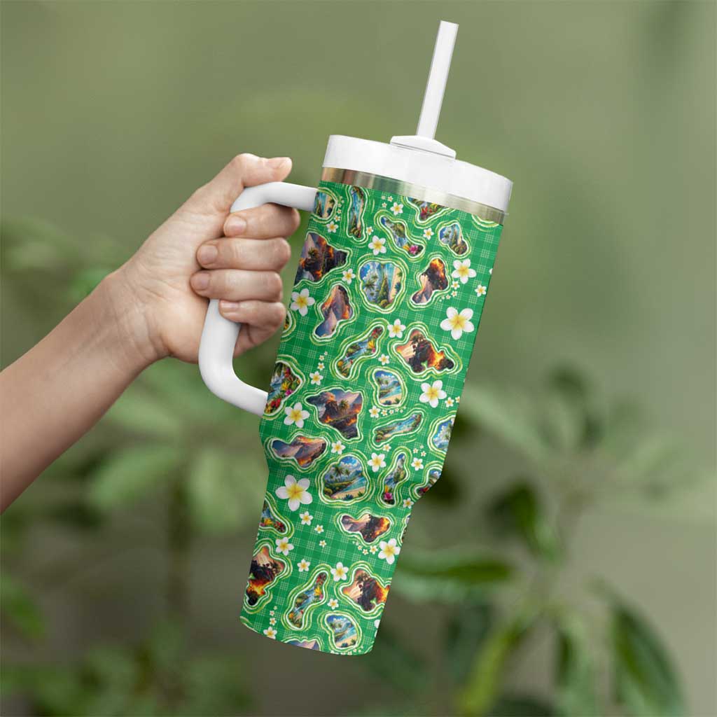 Hawaii Map with Plumeria Flower and Palaka Pattern Tumbler With Handle Tropical Island Green Design LT03 - Polynesian Pride