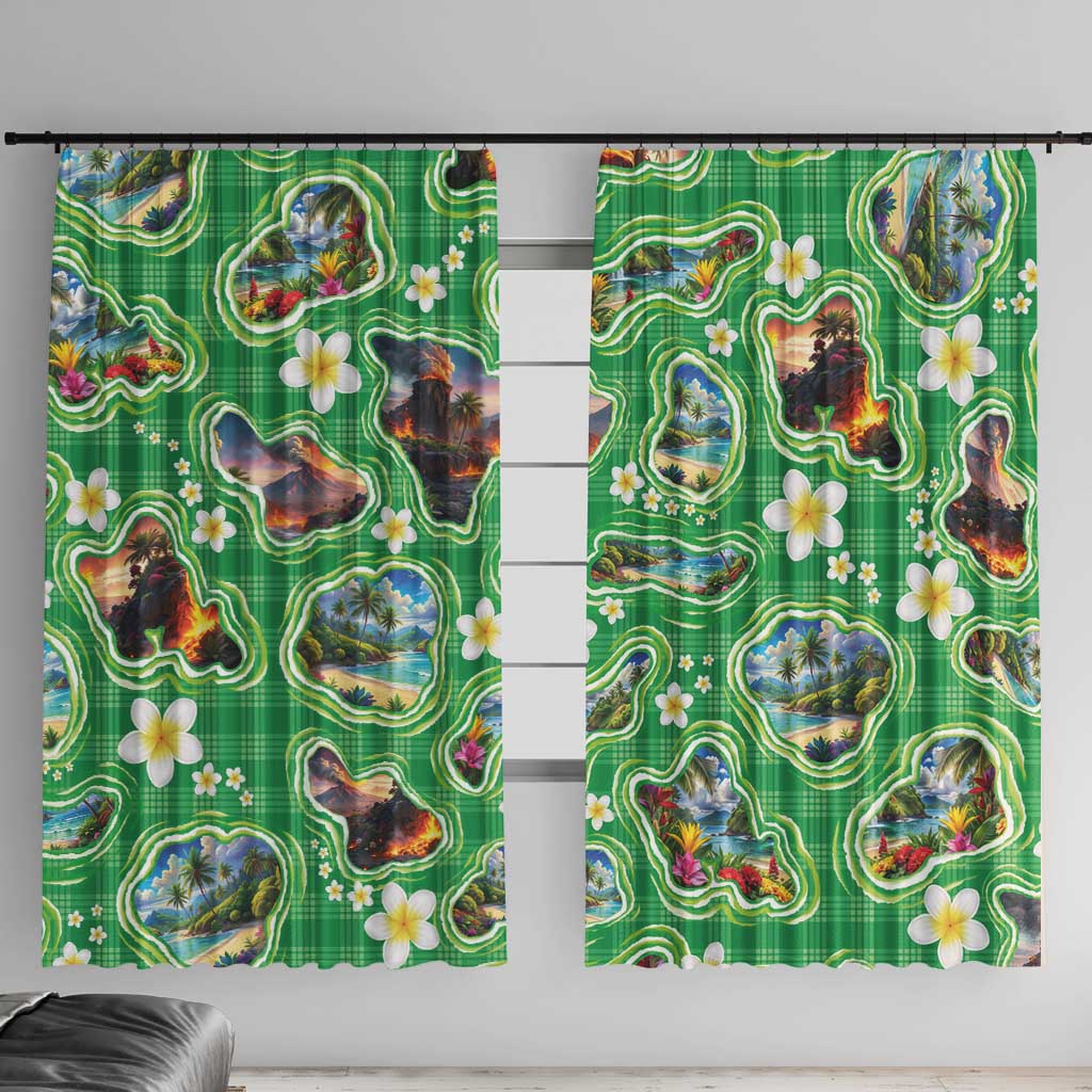 Hawaii Map with Plumeria Flower and Palaka Pattern Window Curtain Tropical Island Green Design