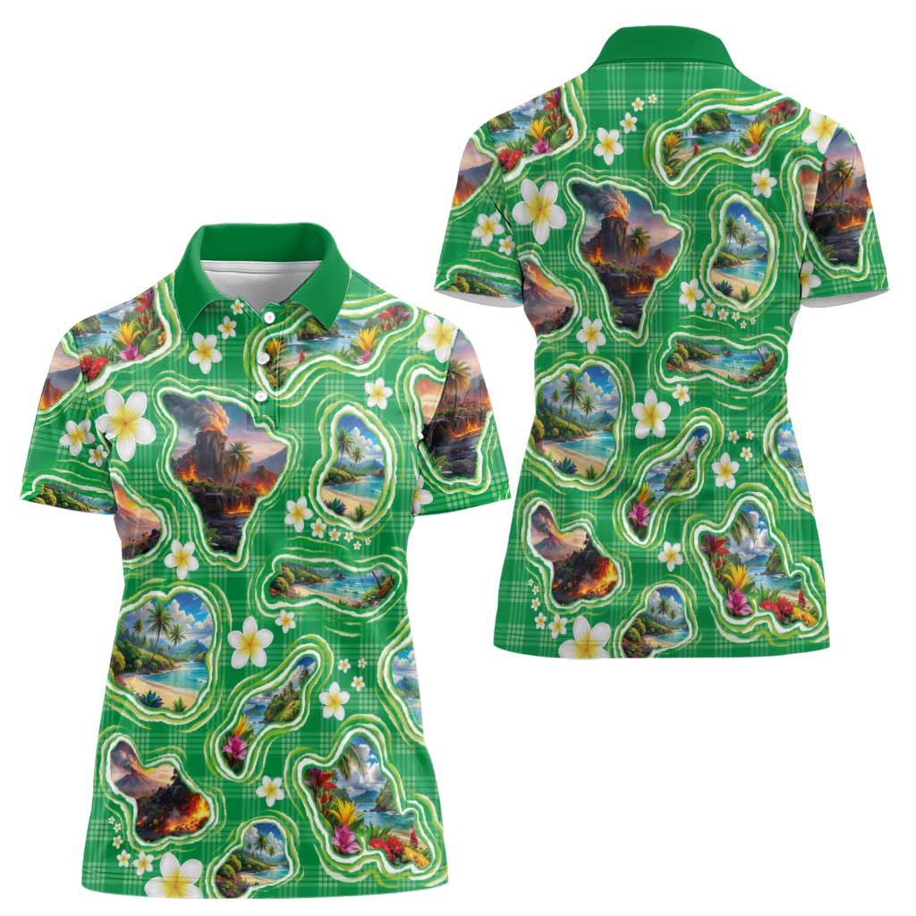 Hawaii Map with Plumeria Flower and Palaka Pattern Women Polo Shirt Tropical Island Green Design LT03 - Polynesian Pride