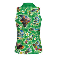 Hawaii Map with Plumeria Flower and Palaka Pattern Women Sleeveless Polo Shirt Tropical Island Green Design