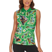 Hawaii Map with Plumeria Flower and Palaka Pattern Women Sleeveless Polo Shirt Tropical Island Green Design
